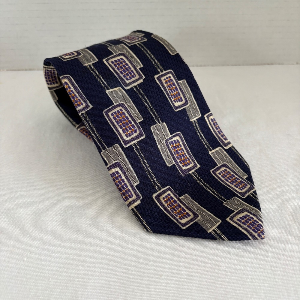 Paul Fredrick Mens Silk Tie‎ Navy Purple Geometric Abstract Hand Tailored USA